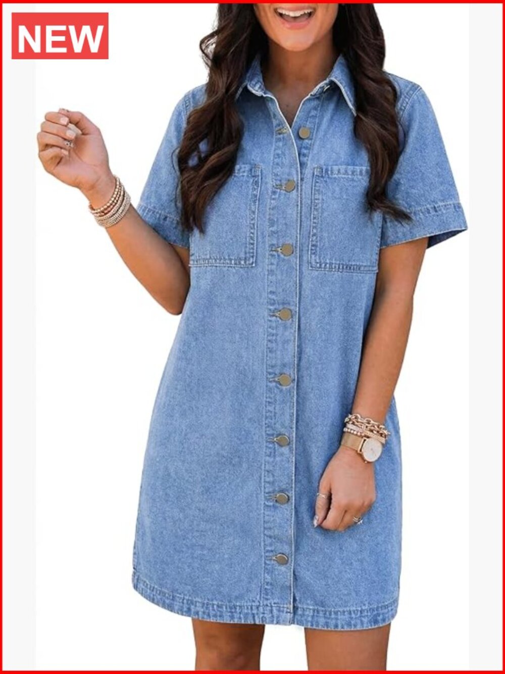 Button Down Denim Dress - Short Sleeve Mini Babydoll Jean Shirt Dress